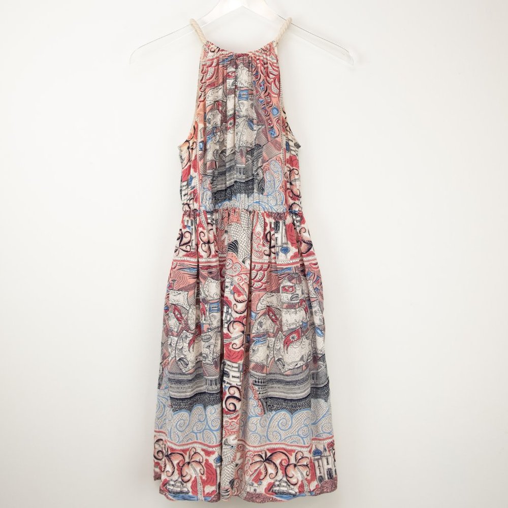 Anthropologie Silk Dress Floreat Castle Lake Ships High Neck Mini Multi Size XS - Picture 2 of 8